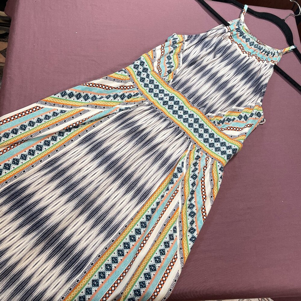 London Times Halter Keyhole Geometric Print Stretch Knit Dress - size 6